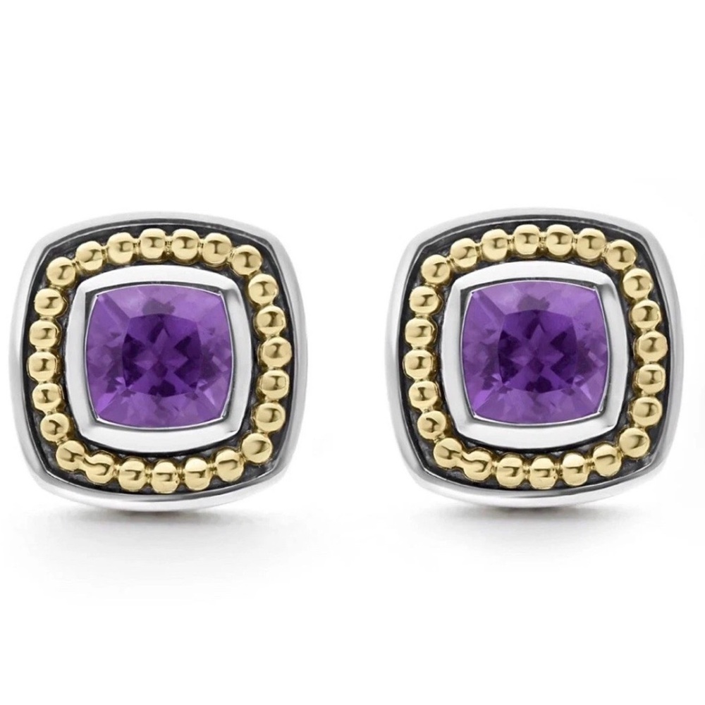 Lagos Rittenhouse 18K gold silver 925 stud earrings New $575 amethyst